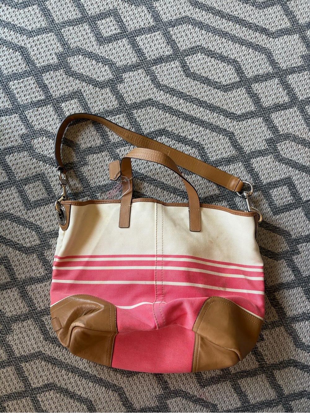 Coach Canvas and Leather Stripe Shoulder Bag in Pink and Tan